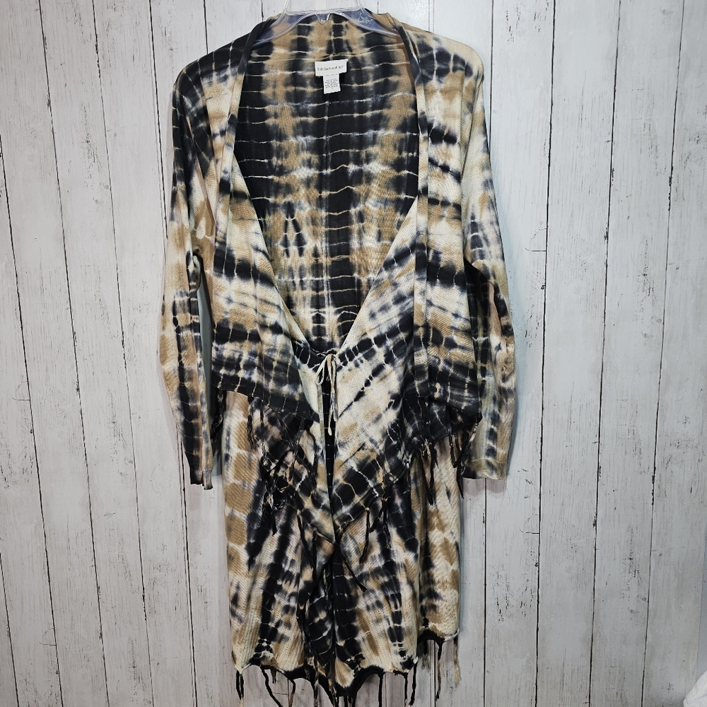 Soft Surrounding Women's Tan Black Tie Dye Fringe Drape Cardigan Size Medium. - Picture 7 of 10